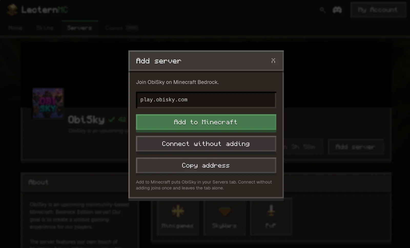 A modal for adding servers to minecraft, displaying 3 different buttons to connect to the server